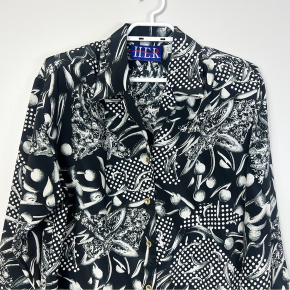 H.E.R Vintage 90s Black & White Patterned oversized Button-Up Shirt unisex S - Picture 3 of 12